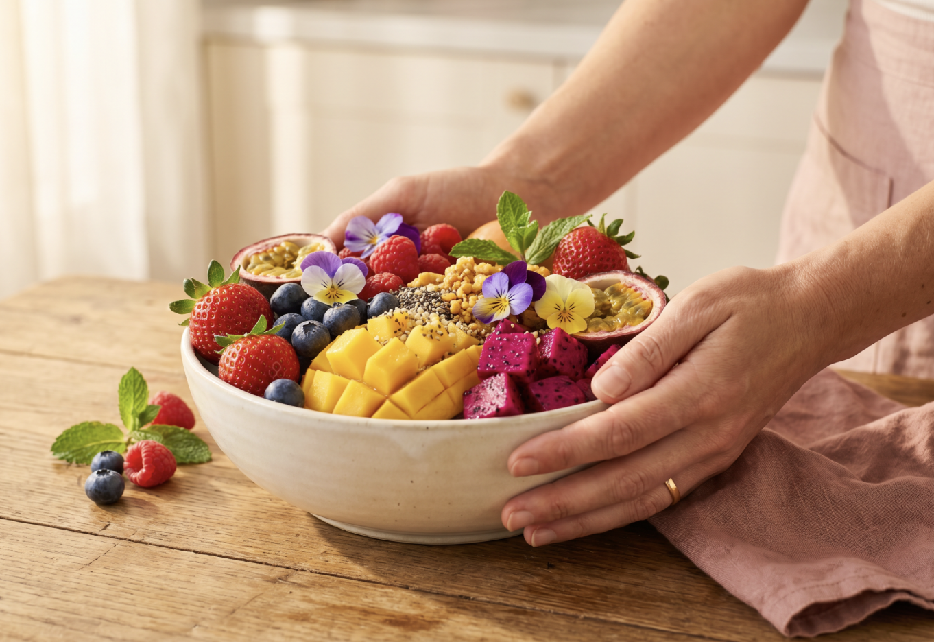 Frau hält übervolle Schale mit Raw Food - Körpertransformation durch lebendige Ernährung